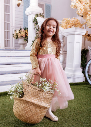 Long Sleeves Gold Sequin Pink Tulle Sparkling Flower Girl Dress